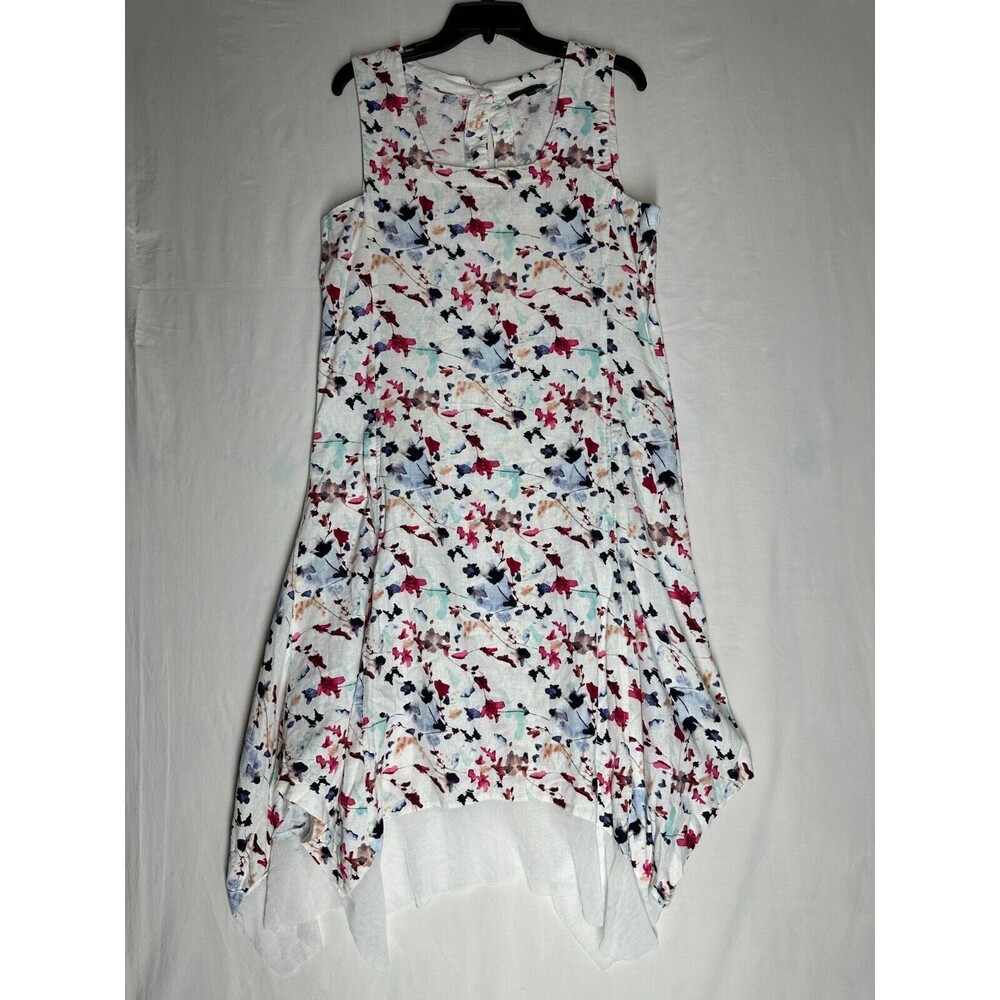 For Cynthia Linen Viscose Blend Dress Sleeveless Square Neck Floral Print Size L